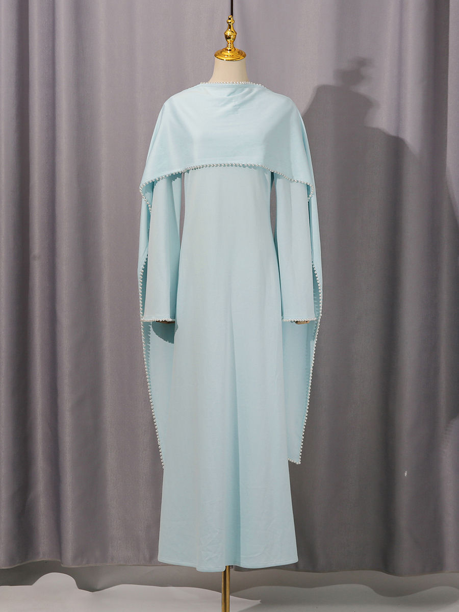 TWOTWINSTYLE Patchwork Pearls Solid Cape Long Dress
