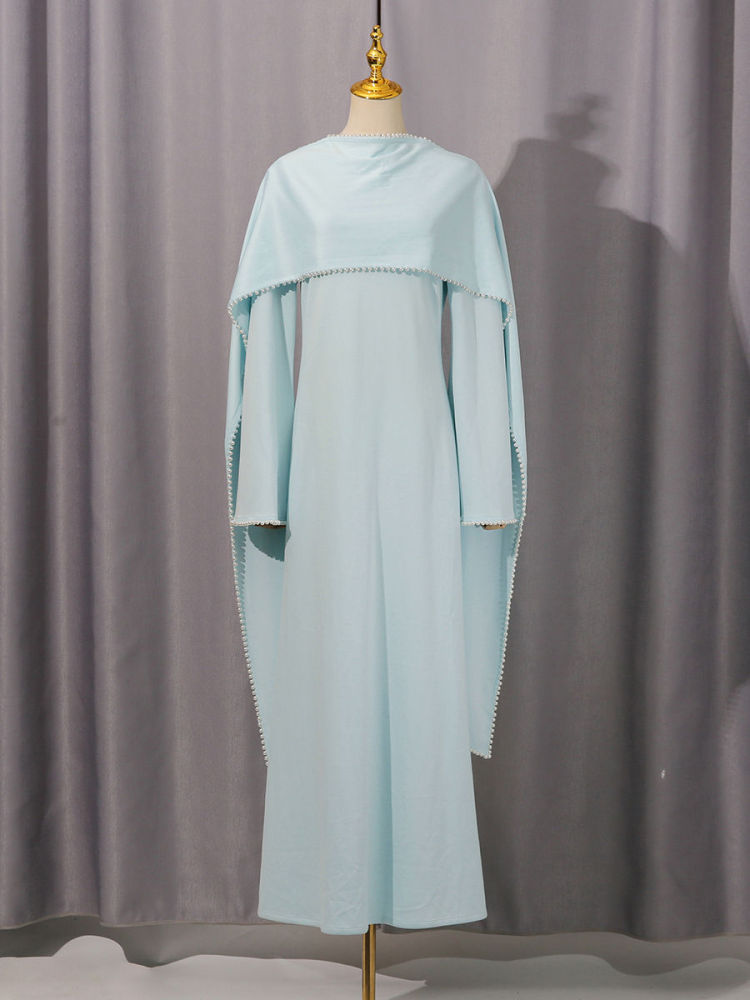 TWOTWINSTYLE Patchwork Pearls Solid Cape Long Dress