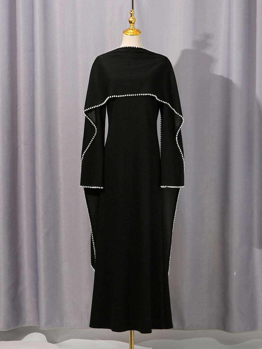 TWOTWINSTYLE Patchwork Pearls Solid Cape Long Dress