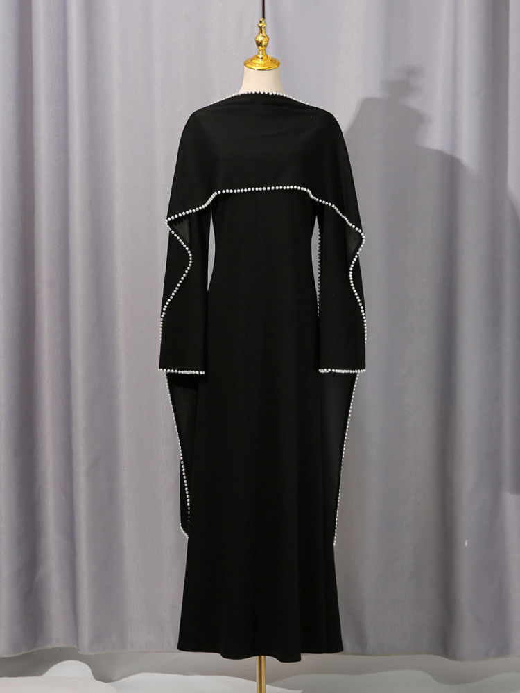 TWOTWINSTYLE Patchwork Pearls Solid Cape Long Dress
