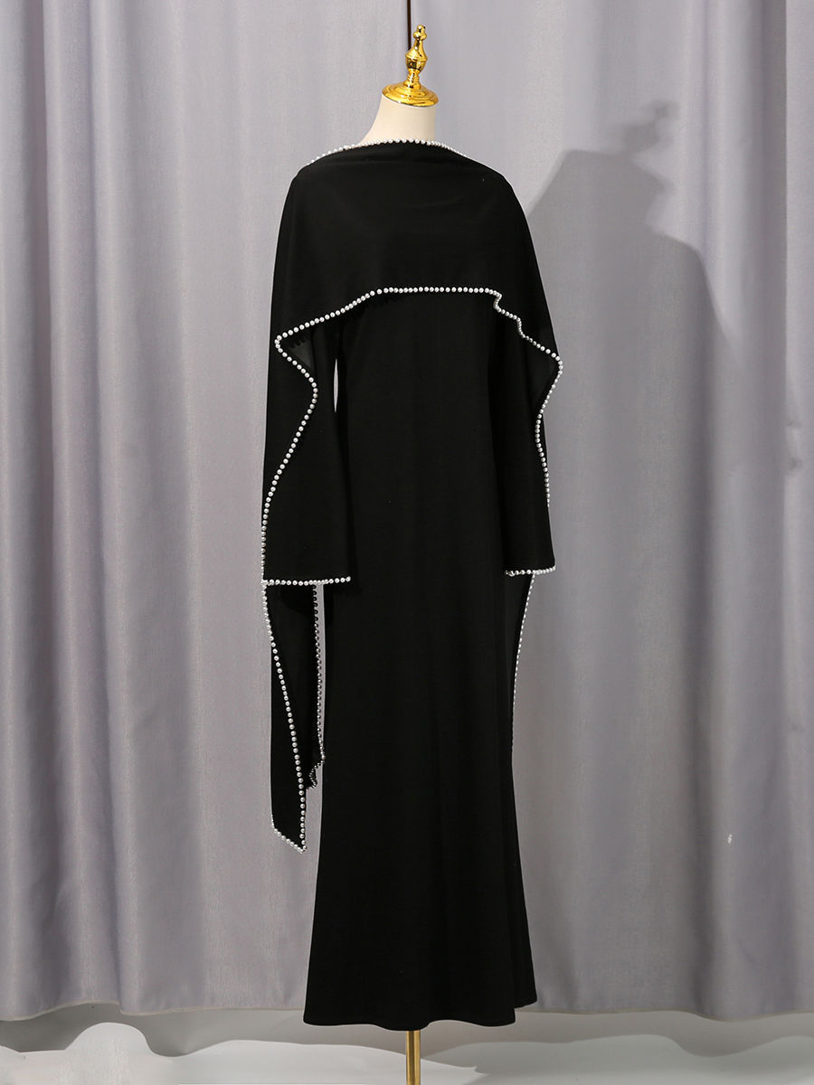 TWOTWINSTYLE Patchwork Pearls Solid Cape Long Dress