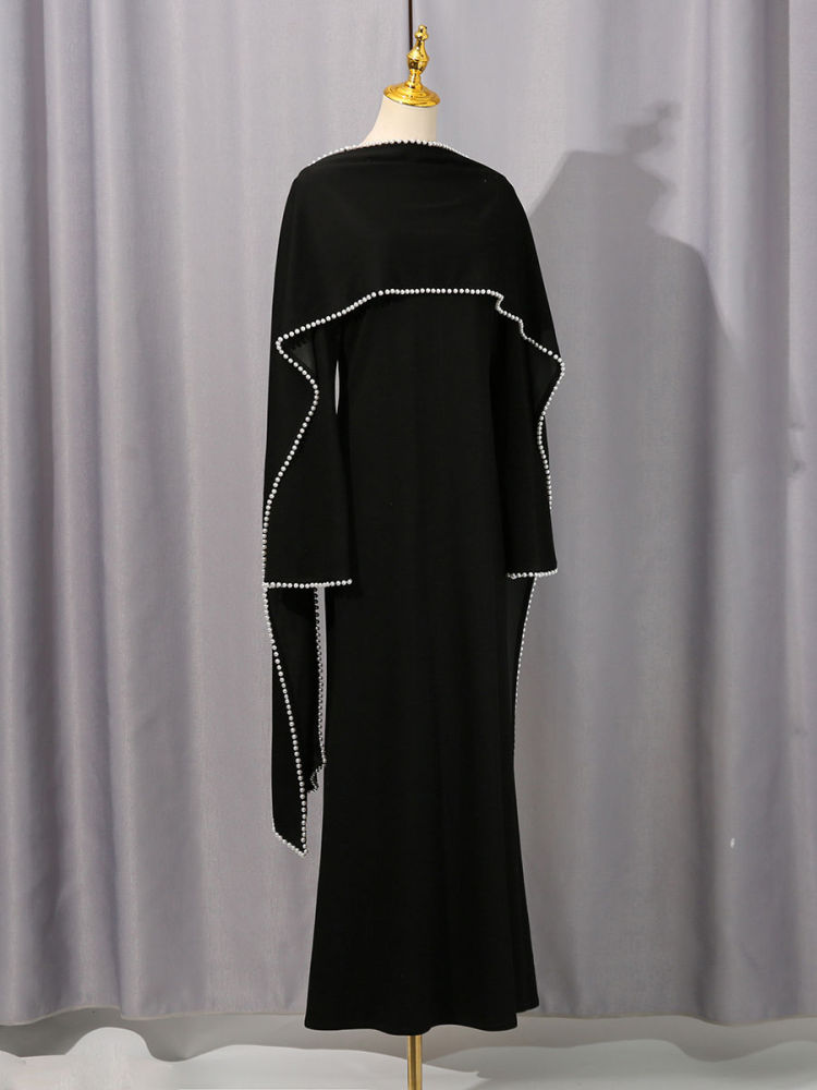 TWOTWINSTYLE Patchwork Pearls Solid Cape Long Dress
