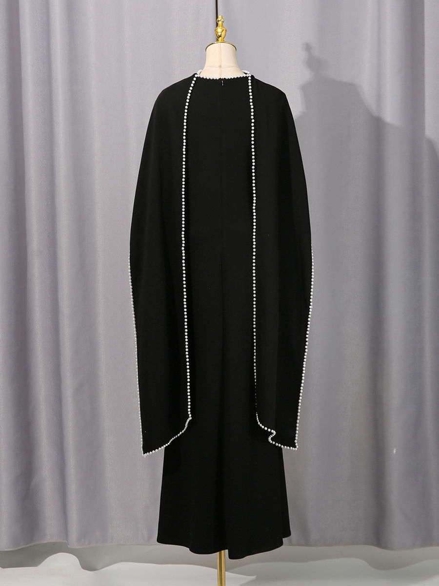 TWOTWINSTYLE Patchwork Pearls Solid Cape Long Dress