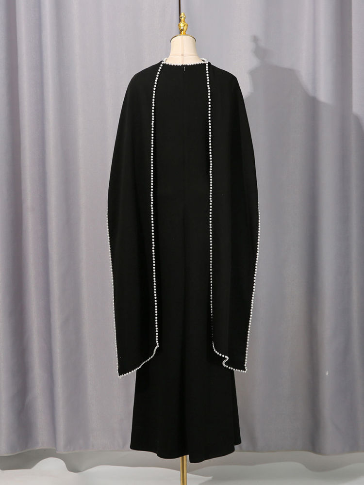 TWOTWINSTYLE Patchwork Pearls Solid Cape Long Dress