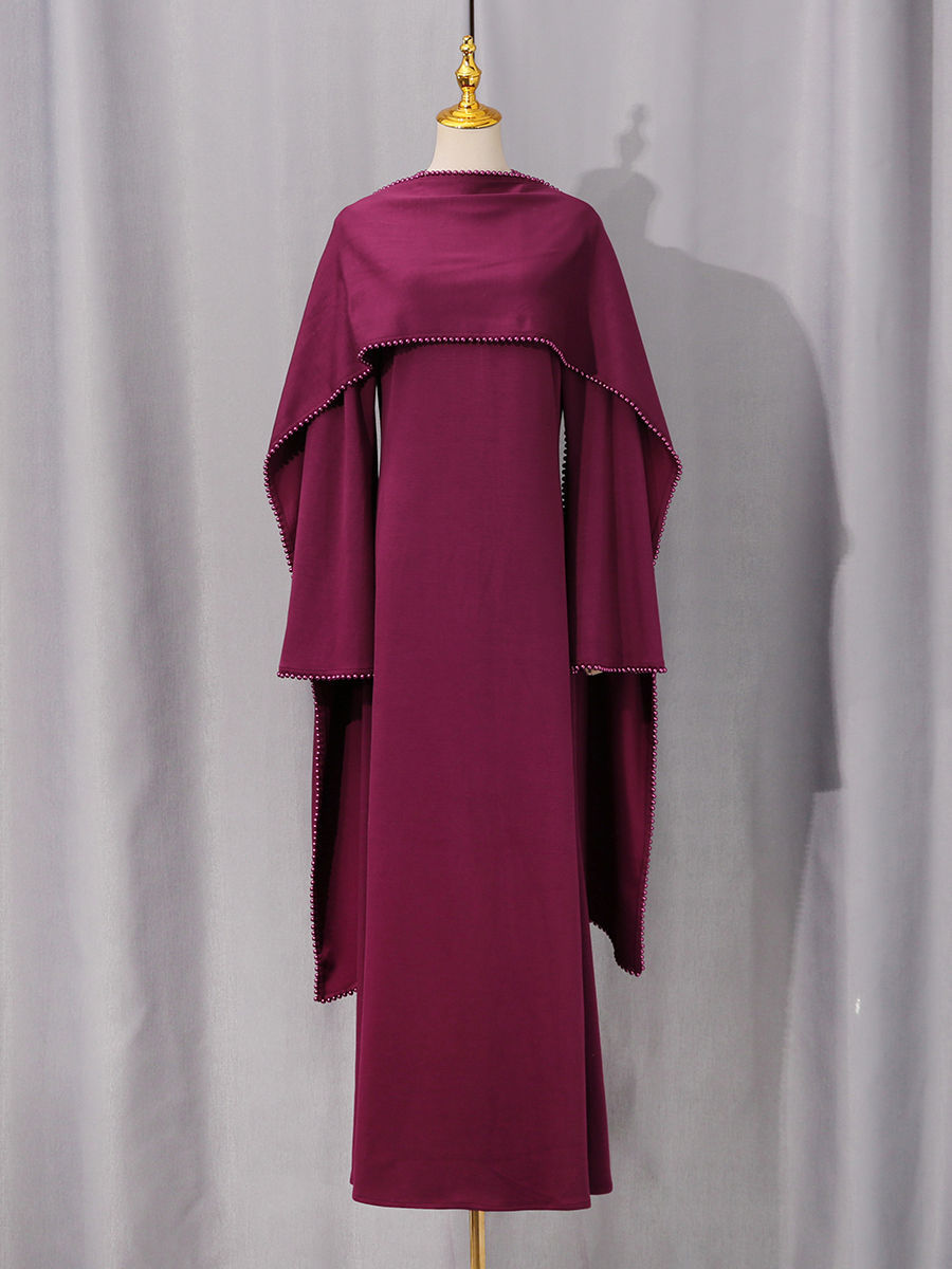 TWOTWINSTYLE Patchwork Pearls Solid Cape Long Dress