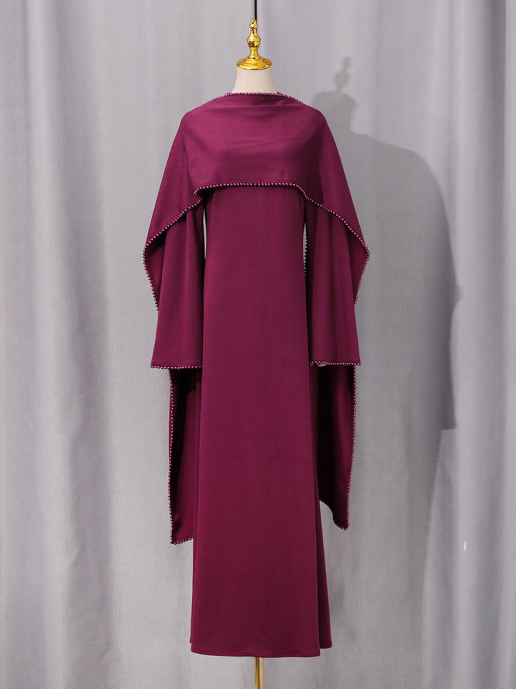TWOTWINSTYLE Patchwork Pearls Solid Cape Long Dress