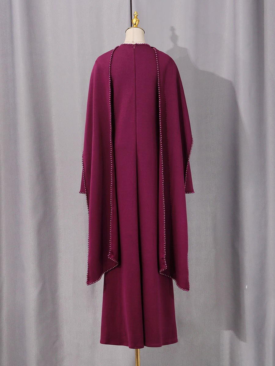 TWOTWINSTYLE Patchwork Pearls Solid Cape Long Dress
