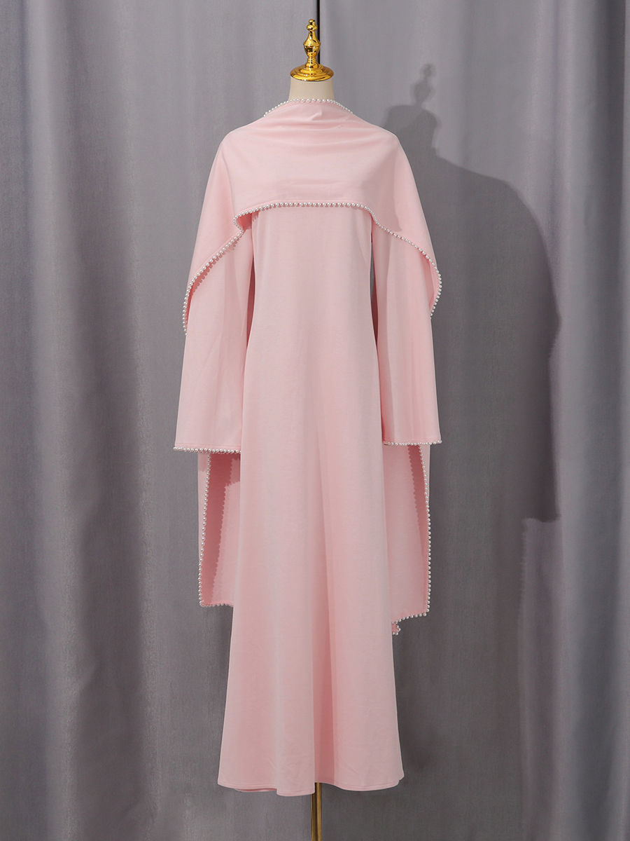 TWOTWINSTYLE Patchwork Pearls Solid Cape Long Dress