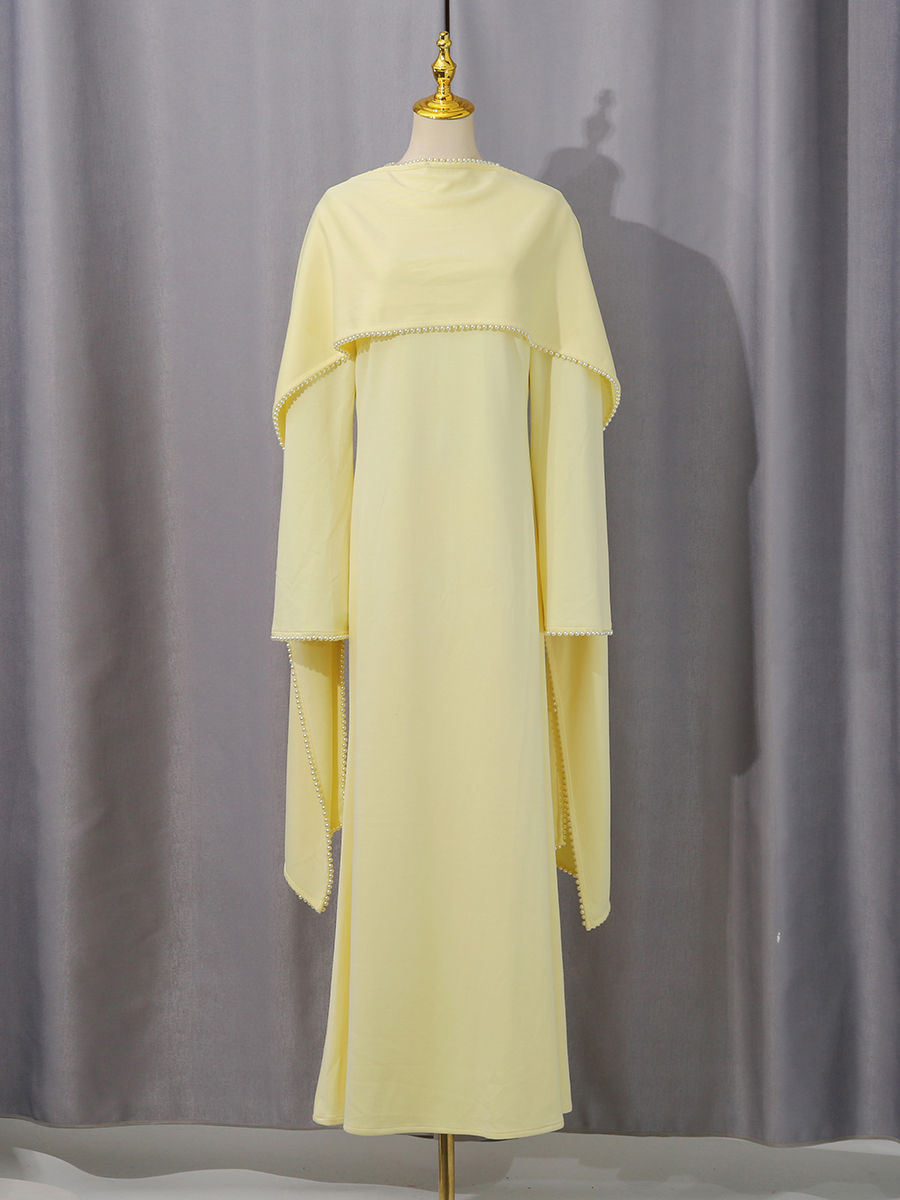 TWOTWINSTYLE Patchwork Pearls Solid Cape Long Dress