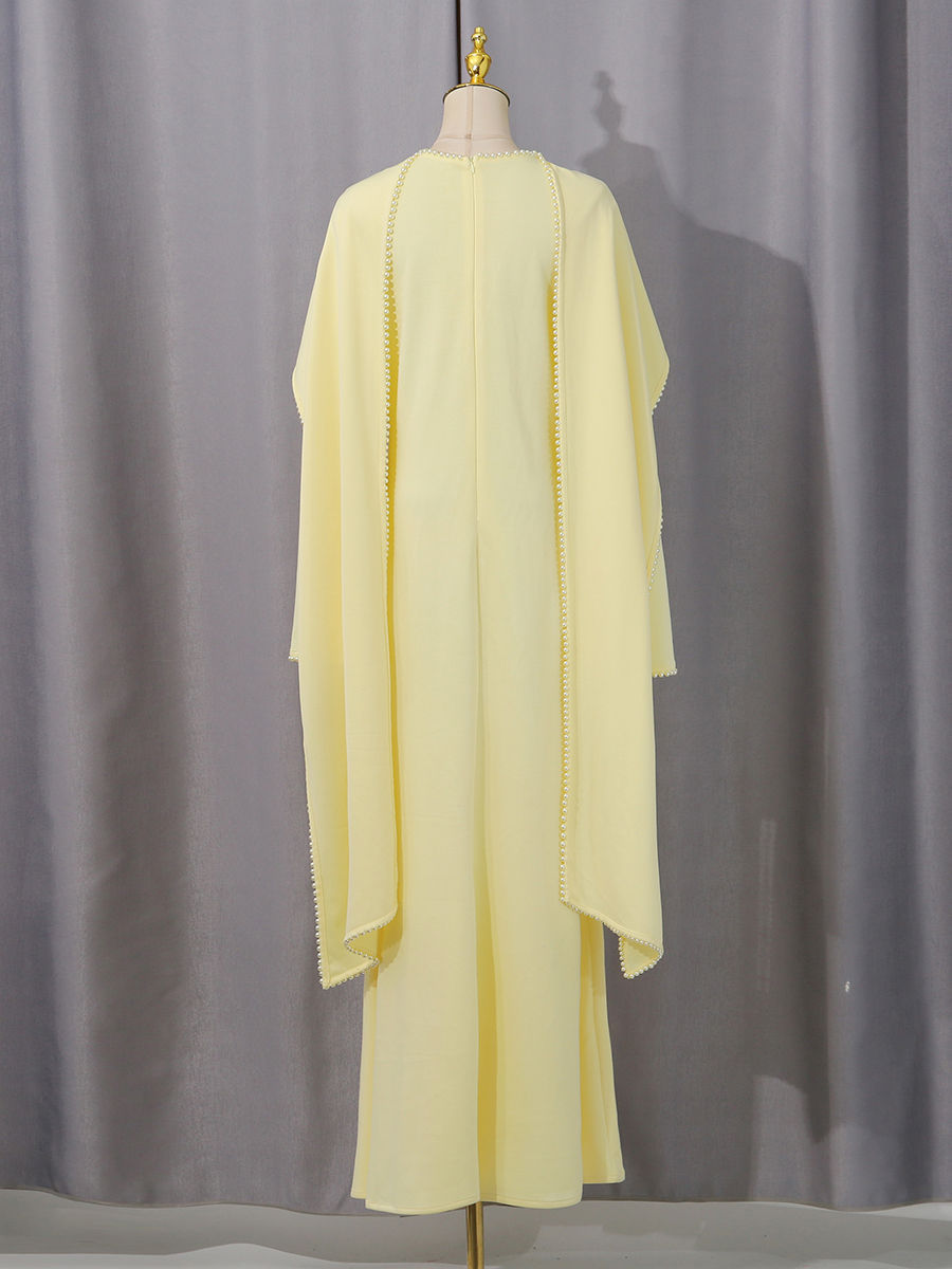 TWOTWINSTYLE Patchwork Pearls Solid Cape Long Dress