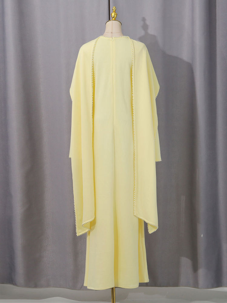 TWOTWINSTYLE Patchwork Pearls Solid Cape Long Dress
