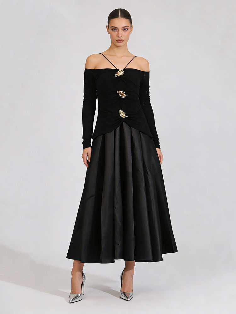 TWOTWINSTYLE Long Sleeve Spliced Button Pleated Elegant Dress