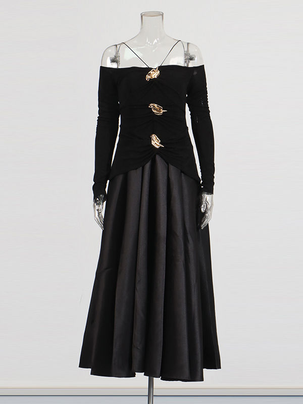TWOTWINSTYLE Long Sleeve Spliced Button Pleated Elegant Dress