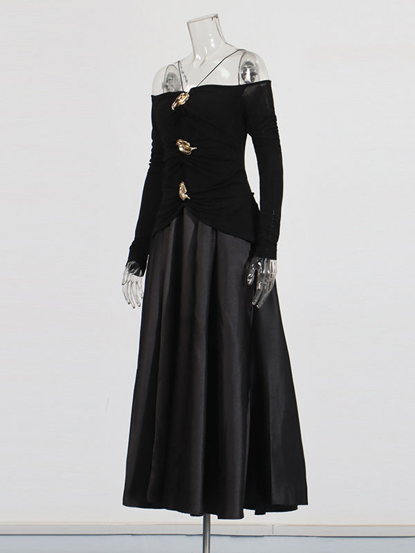 TWOTWINSTYLE Long Sleeve Spliced Button Pleated Elegant Dress