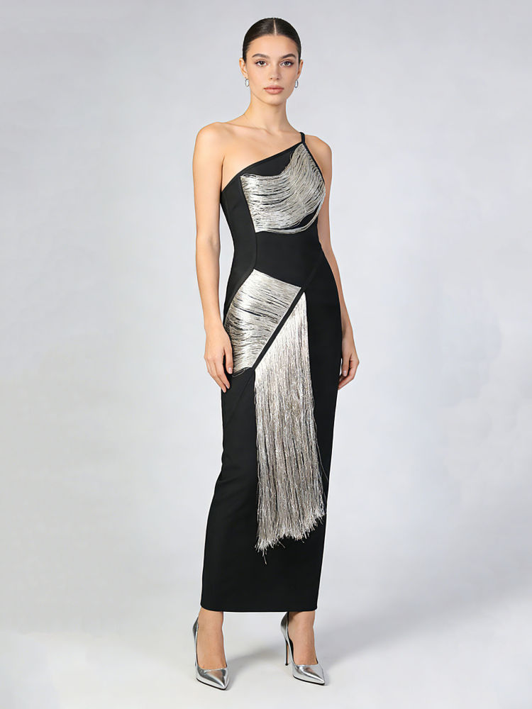 TWOTWINSTYLE Off One Shoulder Spliced tassel Slimming Dress