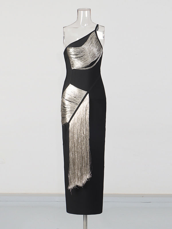 TWOTWINSTYLE Off One Shoulder Spliced tassel Slimming Dress