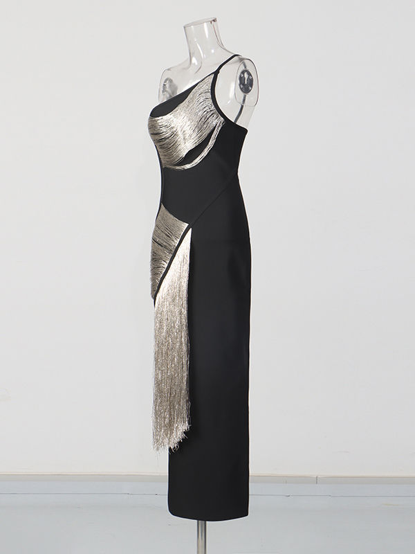 TWOTWINSTYLE Off One Shoulder Spliced tassel Slimming Dress