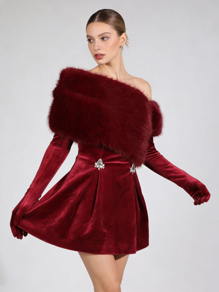 TWOTWINSTYLE  Off Shoulder Patchwork Fur Tunic Mini Dress