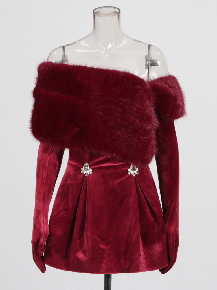 TWOTWINSTYLE  Off Shoulder Patchwork Fur Tunic Mini Dress
