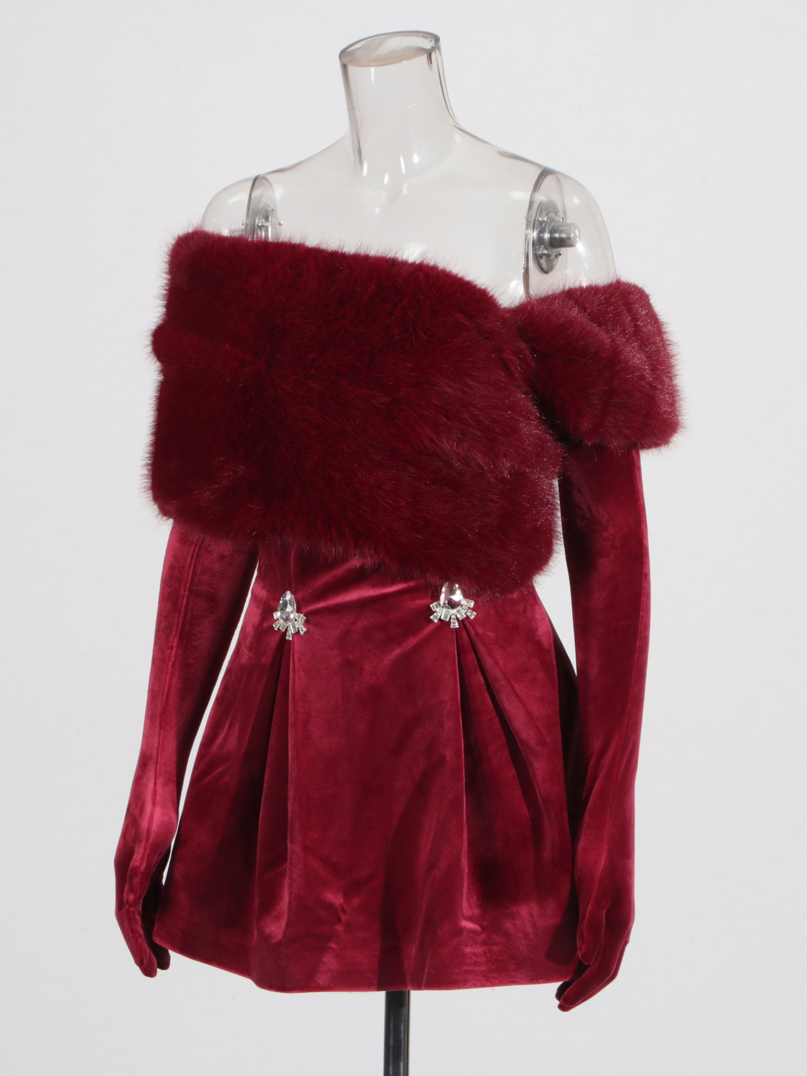 TWOTWINSTYLE  Off Shoulder Patchwork Fur Tunic Mini Dress