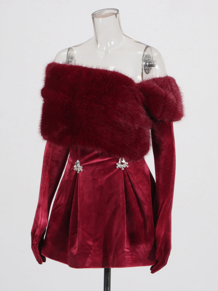 TWOTWINSTYLE  Off Shoulder Patchwork Fur Tunic Mini Dress