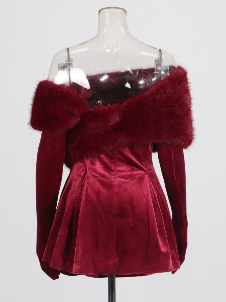 TWOTWINSTYLE  Off Shoulder Patchwork Fur Tunic Mini Dress