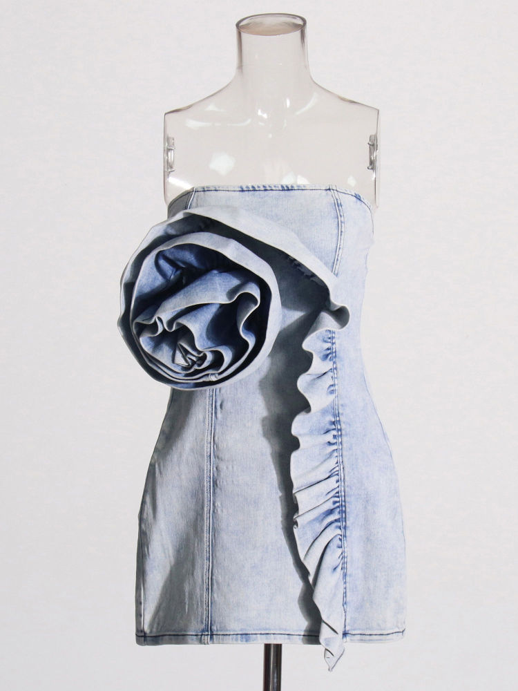 TWOTWINSTYLE Off Shoulder Spliced 3D Flower Denim Mini Dress