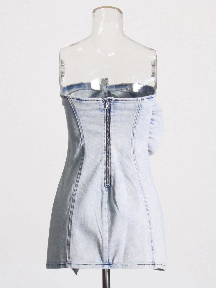 TWOTWINSTYLE Off Shoulder Spliced 3D Flower Denim Mini Dress