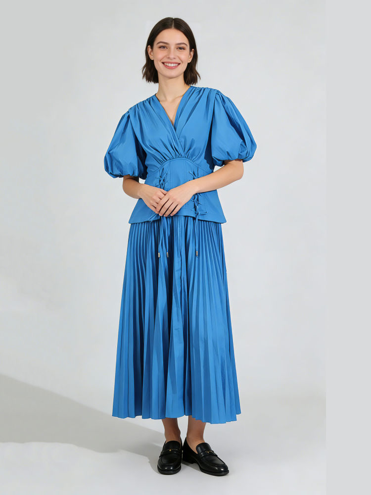 TWOTWINSTYLE Solid V Neck Puff Sleeve Tunic Designer Dress