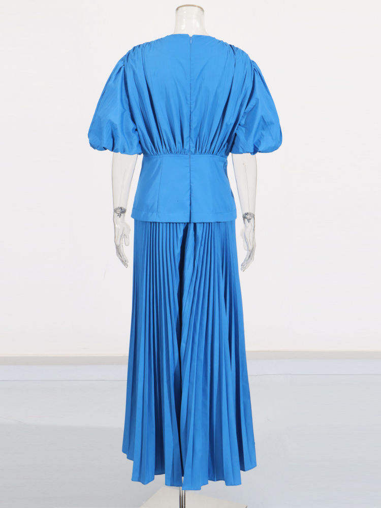 TWOTWINSTYLE Solid V Neck Puff Sleeve Tunic Designer Dress