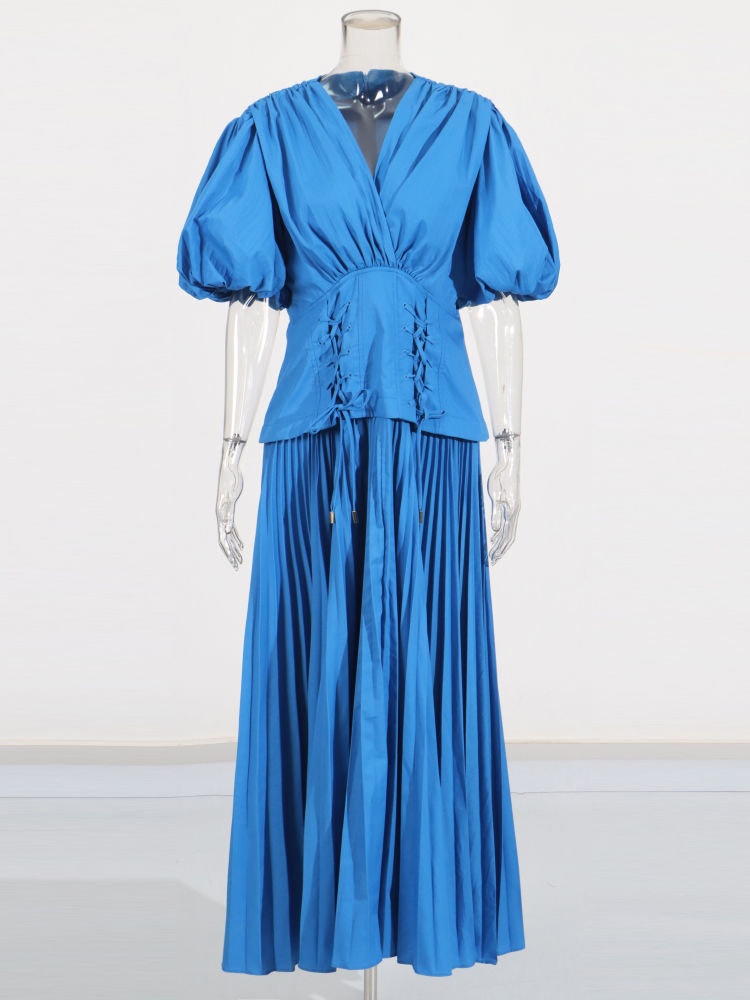 TWOTWINSTYLE Solid V Neck Puff Sleeve Tunic Designer Dress