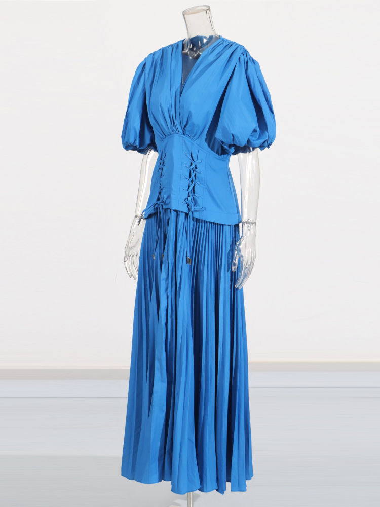 TWOTWINSTYLE Solid V Neck Puff Sleeve Tunic Designer Dress