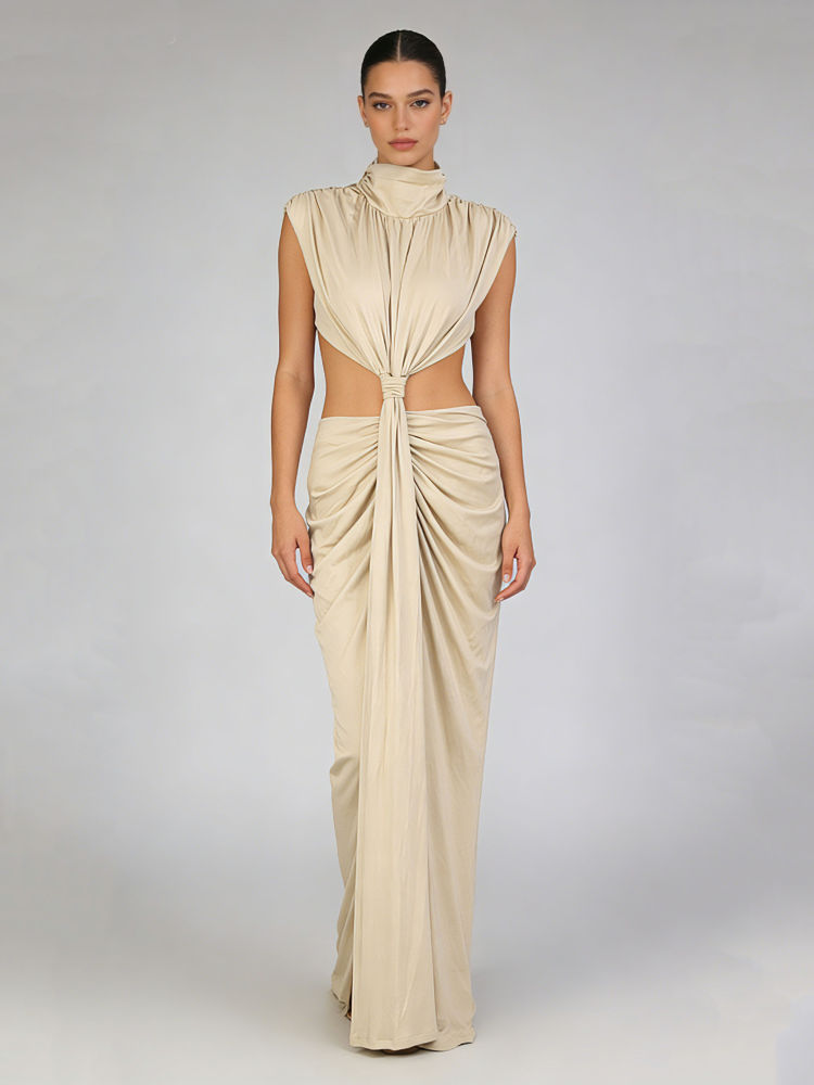 TWOTWINSTYLE Stand Collar Sleeveless Hollow Out Fashion Dress