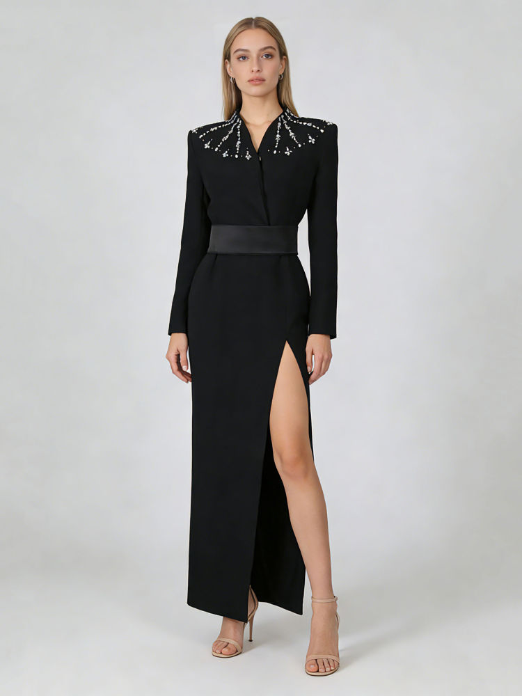 TWOTWINSTYLE V Neck High Waist Side Split Fashion Dress