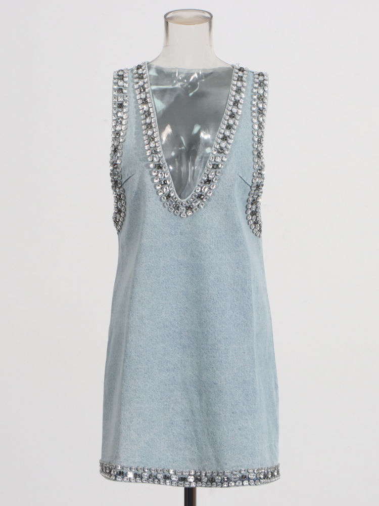 TWOTWINSTYLE  V Neck Sleeveless Patchwork Diamond Sexy Dress