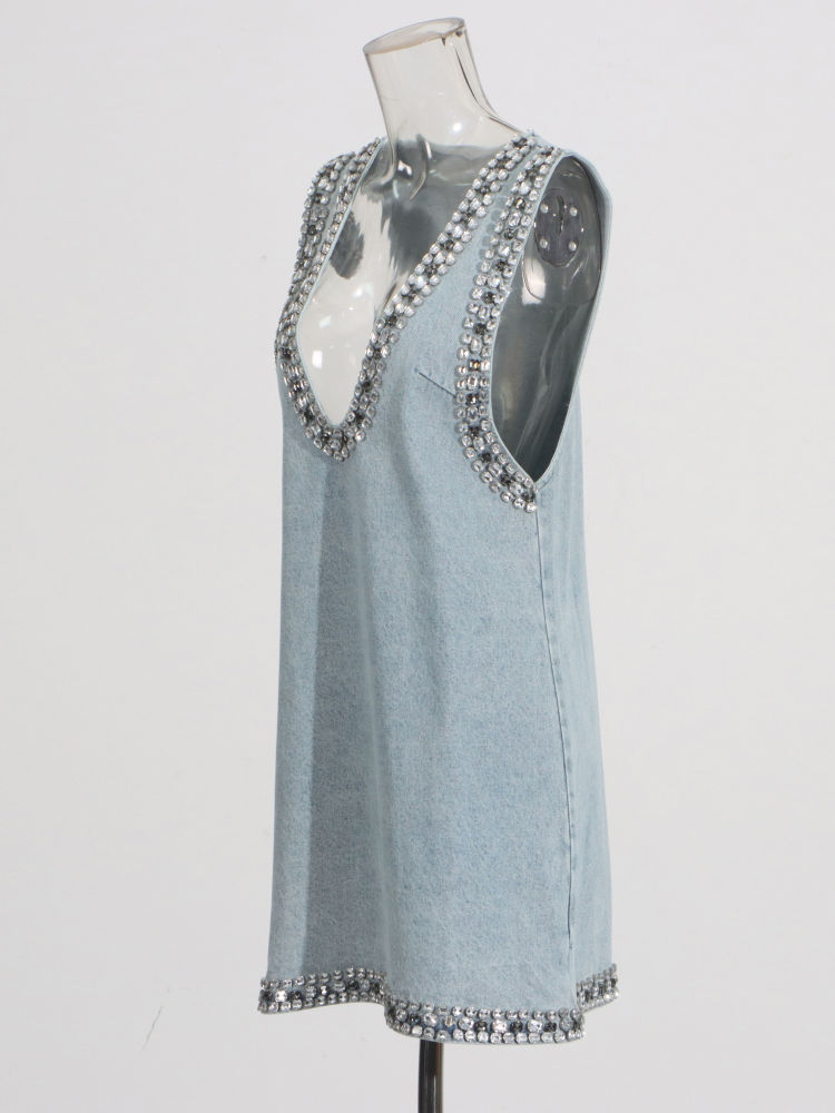 TWOTWINSTYLE  V Neck Sleeveless Patchwork Diamond Sexy Dress