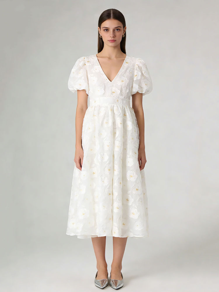 TWOTWINSTYLE Puff Sleeve V Neck High Waist Fashion Dress