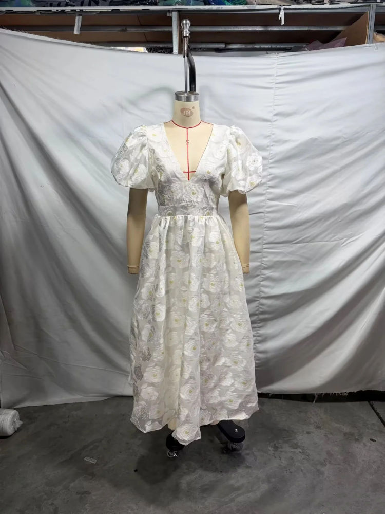 TWOTWINSTYLE Puff Sleeve V Neck High Waist Fashion Dress