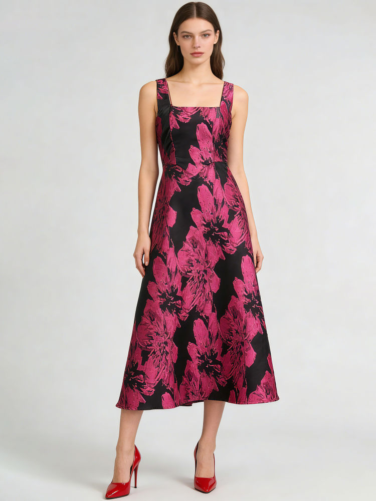 TWOTWINSTYLE Square Neckline Hit Color High Waist Fashion Dress