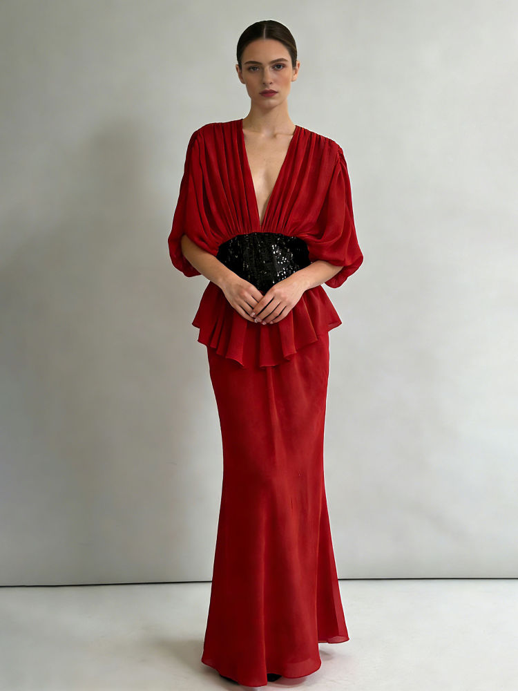 TWOTWINSTYLE Deep V Neck Hit Color Spliced Sequins Chic Dress