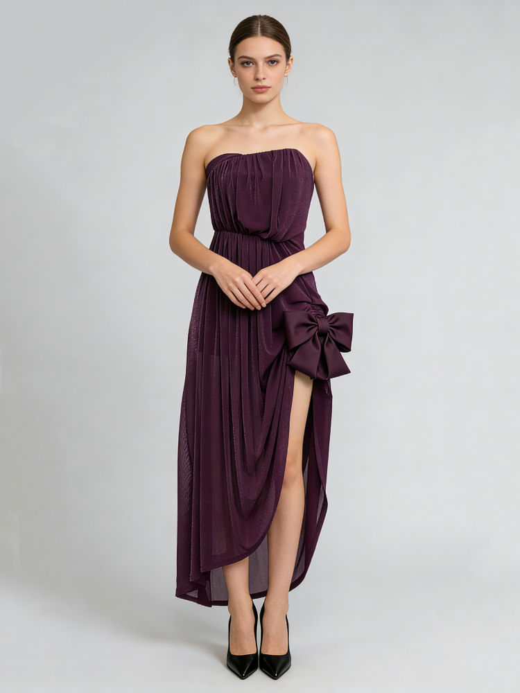 TWOTWINSTYLE Patchwork Bowknot Side Split Strapless Dress