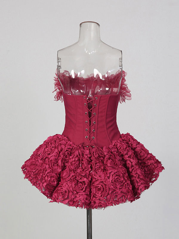 TWOTWINSTYLE Solid Off Shoulder Spliced 3D Flower Tunic Dress