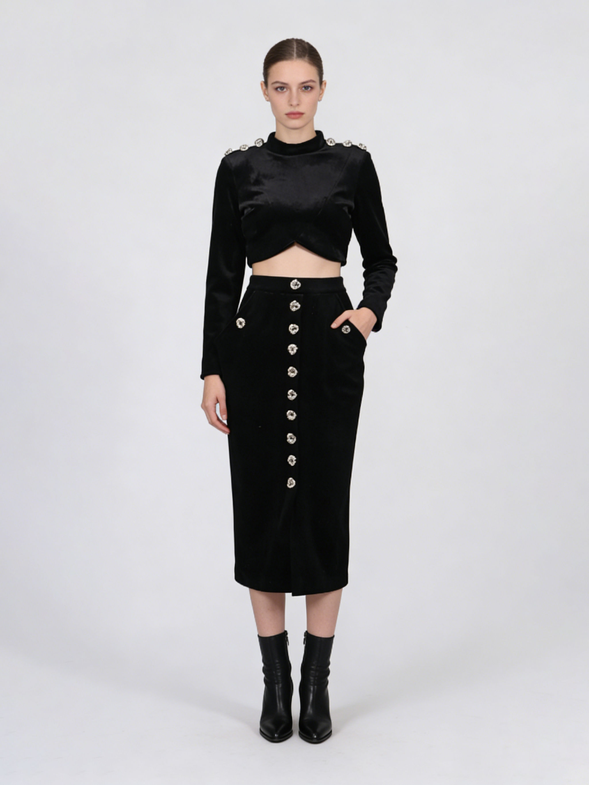 TWOTWINSTYLE Stand Collar Crop Top Spliced Single Breasted Skirt Elegant Two Piece Set