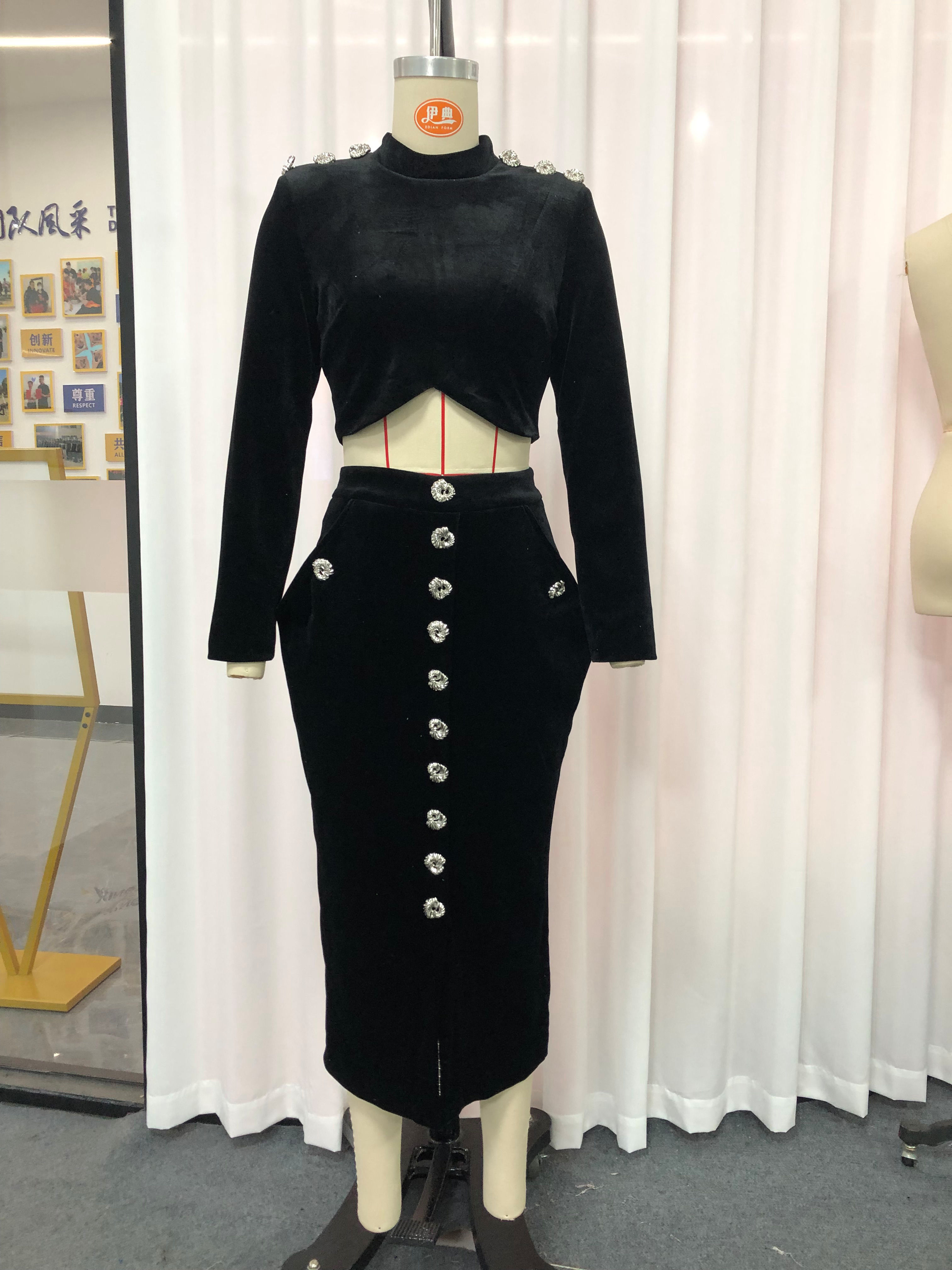 TWOTWINSTYLE Stand Collar Crop Top Spliced Single Breasted Skirt Elegant Two Piece Set