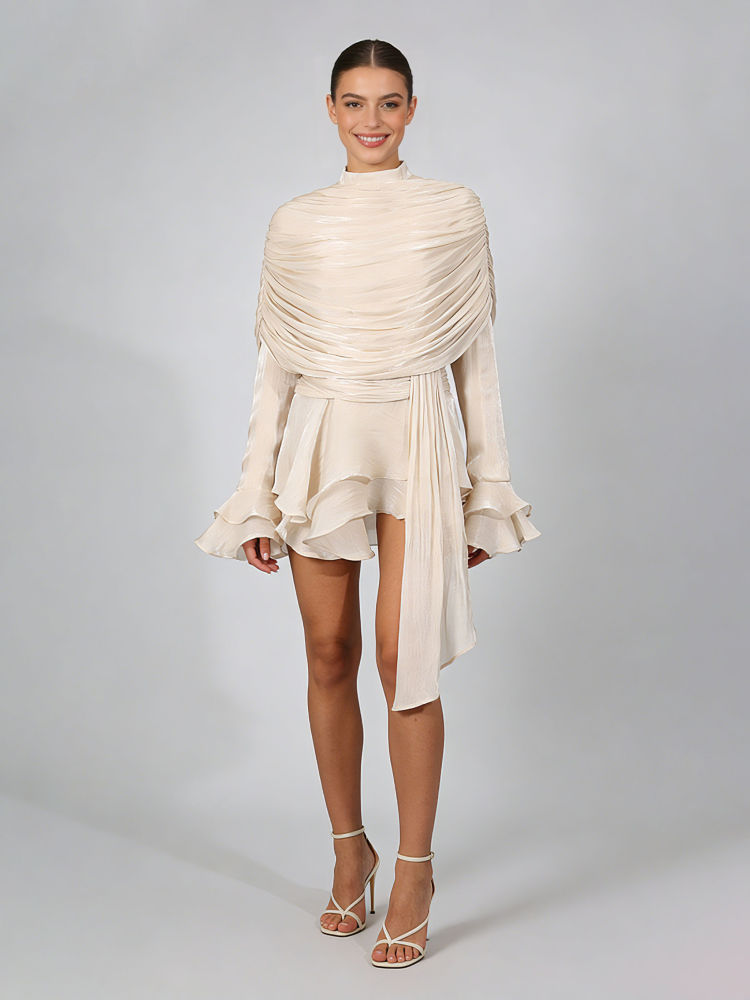 TWOTWINSTYLE Stand Collar Ruffles Minimalist Mini Dress