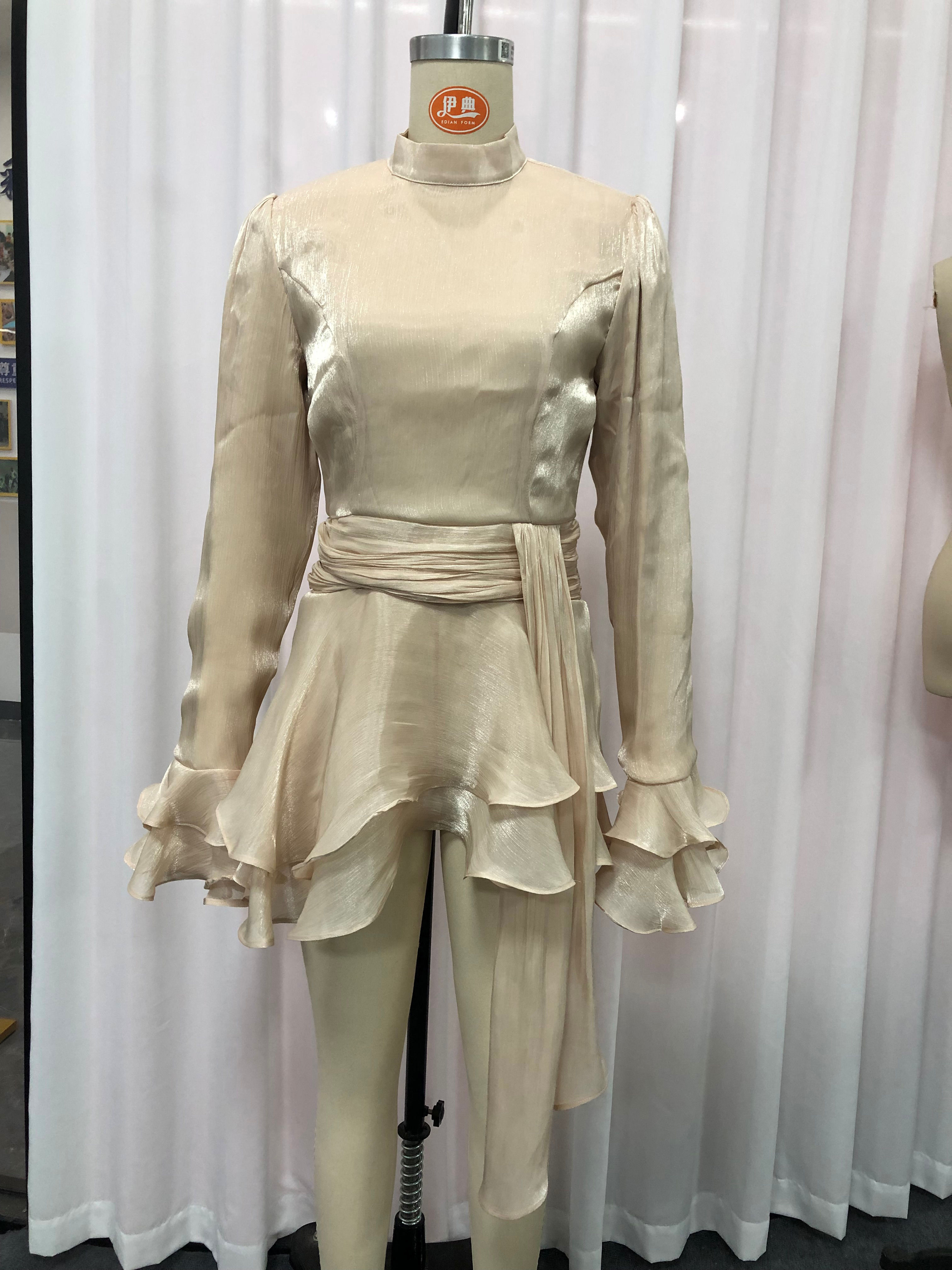 TWOTWINSTYLE Stand Collar Ruffles Minimalist Mini Dress