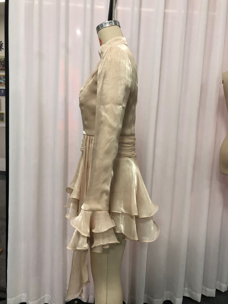 TWOTWINSTYLE Stand Collar Ruffles Minimalist Mini Dress