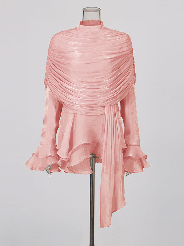 TWOTWINSTYLE Stand Collar Ruffles Minimalist Mini Dress