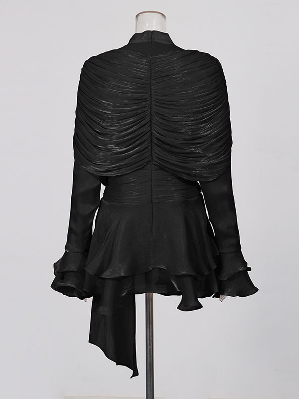 TWOTWINSTYLE Stand Collar Ruffles Minimalist Mini Dress