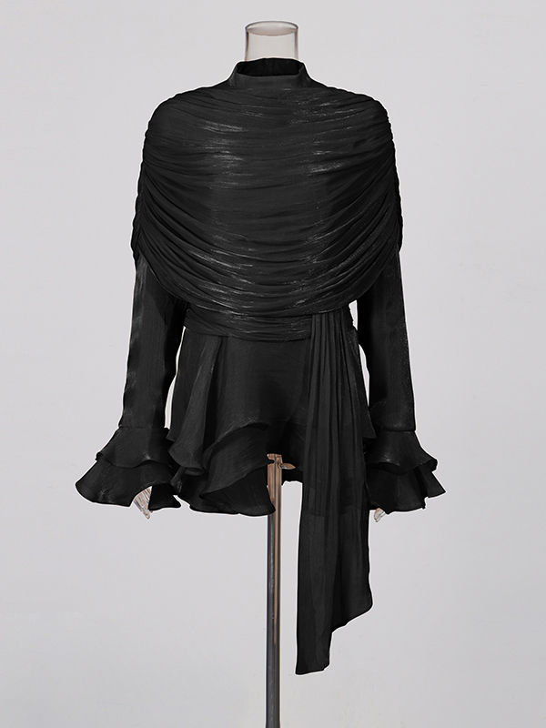 TWOTWINSTYLE Stand Collar Ruffles Minimalist Mini Dress